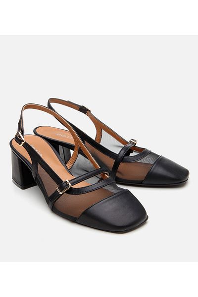 Hotiç Women's Leather Black Mesh Open Back Heeled Shoes