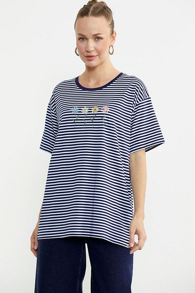 Sementa Striped Embroidery Detailed T-Shirt - Navy Blue