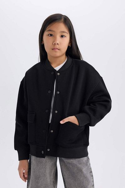 DeFacto Cardigan bomber cu blană moale pentru fete - rever pentru colegiu, închidere cu apăsare, cu buzunare D0701A824AU