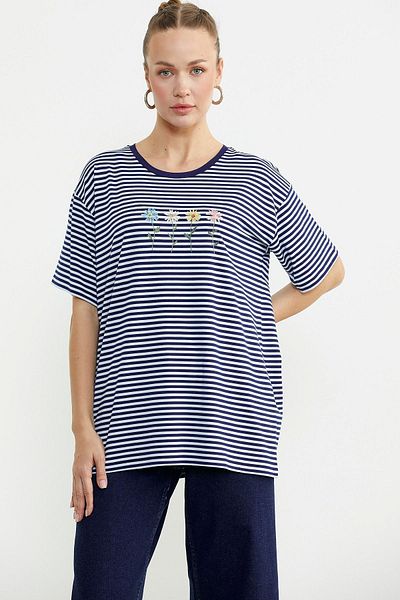 Sementa Striped Embroidery Detailed T-Shirt - Navy Blue
