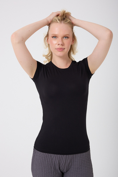 BANEGA Women's Crew Neck Half Sleeve Lycra Stretch Fabric Basic Black Body