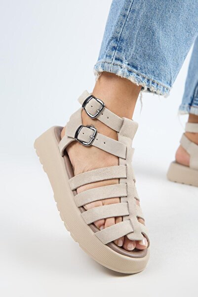 Manijero Benia Women's Genuine Leather Caged Sandals Beige Sandals