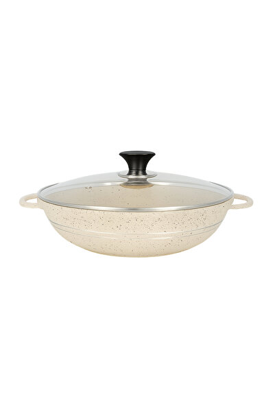 SONEX إيدن كاراهي غير لاصق 32 سم مع غطاء زجاجي مقوى ومقبضين، جميع أسطح الطهي من الرخام الأبيض