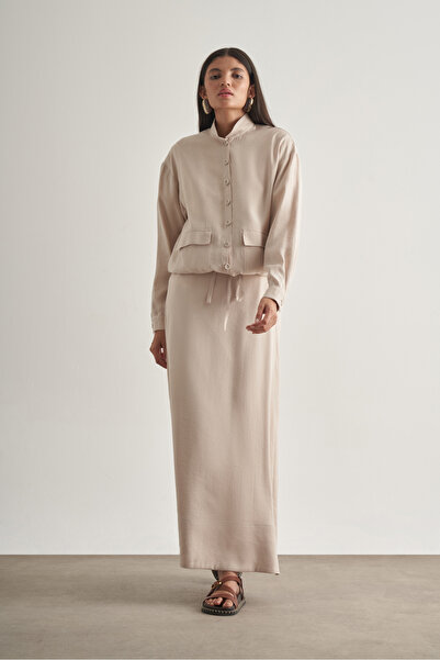 Mizalle Modal Karışımlı Taş Rengi Maksi Evaze Etek