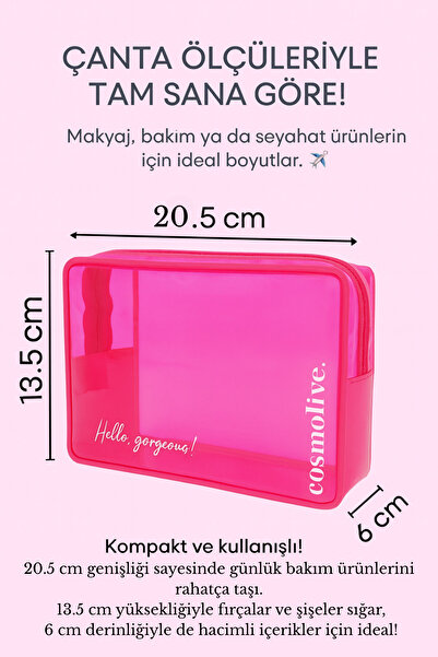 Cosmolive Şeffaf Seyahat Cilt Bakım, Makyaj ve Kozmetik Düzenleme Çantası PVC Pembe_Large