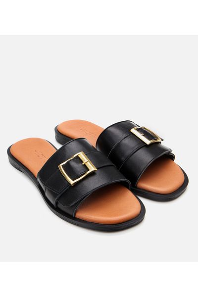 Hotiç Women's Leather Black Belt Detailed Flat Slippers