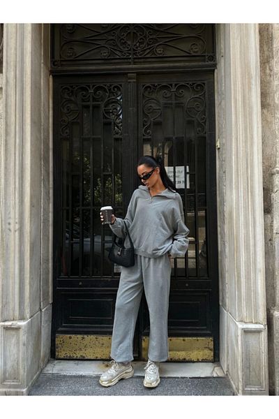 modamtn Washable Two Thread Fabric Collar Zippered Oversize Tracksuit Set - Gray