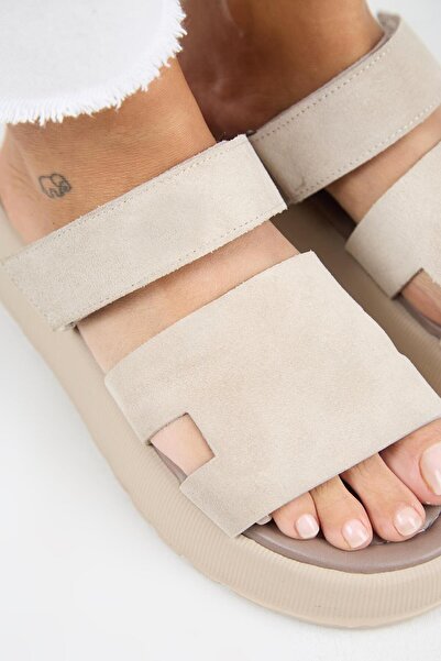 Manijero Γυναικείες παντόφλες Seina από γνήσιο δέρμα Velcro Beige