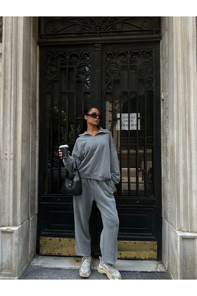 modamtn Washable Two Thread Fabric Collar Zippered Oversize Tracksuit Set - Gray
