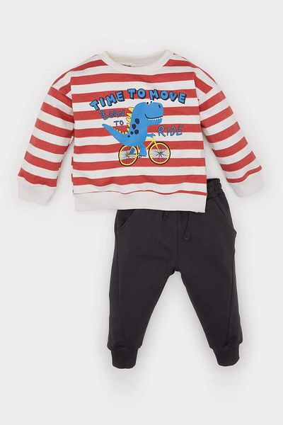 DeFacto 2-teiliges Set für Babys, Jungen, Rundhalsausschnitt, gestreift, Dinosaurier-Druck, Sweatshirt, elastische Taille, Jogginghose D4