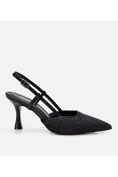 Hotiç Stiletto cu spate deschis cu detaliu din paie neagră de damă