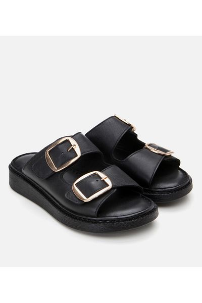 Hotiç Women's Leather Black Belted Flat Slippers