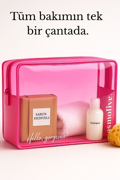 Cosmolive Pvc Pink_Large Transparent Travel Skin Care & Cosmetic Organizing Bag