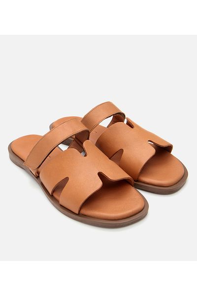 Hotiç Women's Leather Tan Adjustable Flat Slippers