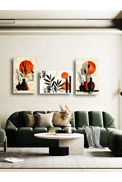 YALOVA SHOP Dekoratif Minimalist 3 lü Tablo Seti Mavi Tonlarda Boho Tarzı Duv...