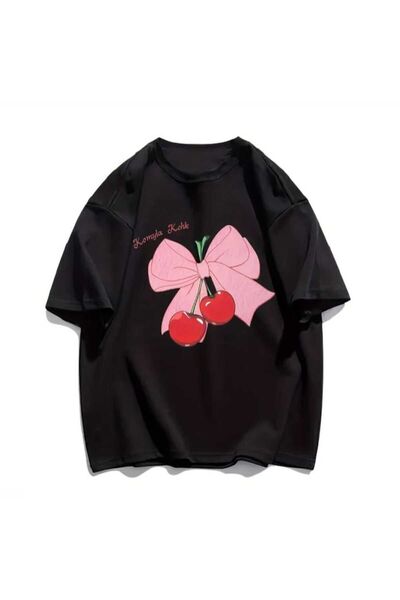 Harajuku Style بомبة الكرز الأسود والأحمر كبيرة الحجم للجنسين