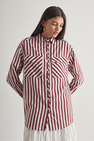 Mizalle Modal Dokulu Bordo Çizgili Cepli Gömlek