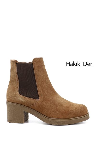 GÖNDERİ(R) Women's / Girls' Tan Suede Zippered Thick Heeled Genuine Leather Chelsea Boots