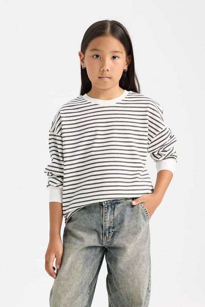 DeFacto Girl's Relax Fit Crew Neck Striped Sweatshirt D6503A8Ns