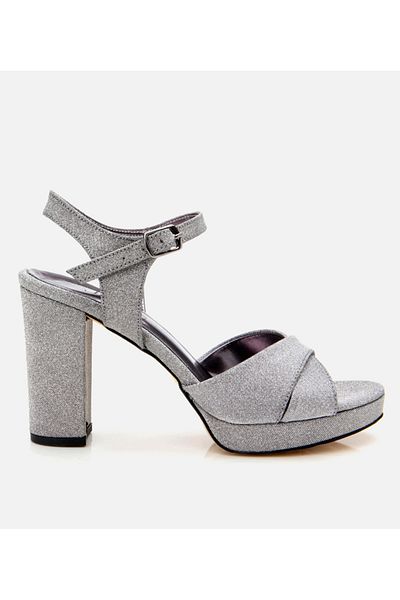 Hotiç Rochie de seară cu sclipici platină pentru damă Sandale cu toc înalt