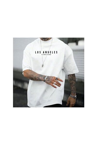 Harajuku Style Λευκό με στάμπα Λος Άντζελες, υπερμεγέθες λευκό