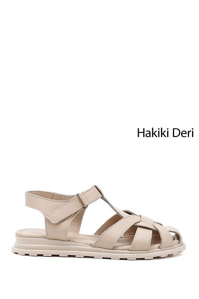 GÖNDERİ(R) Sandale din piele naturală cu vârf închis cu velcro antic bej pentru femei/fete
