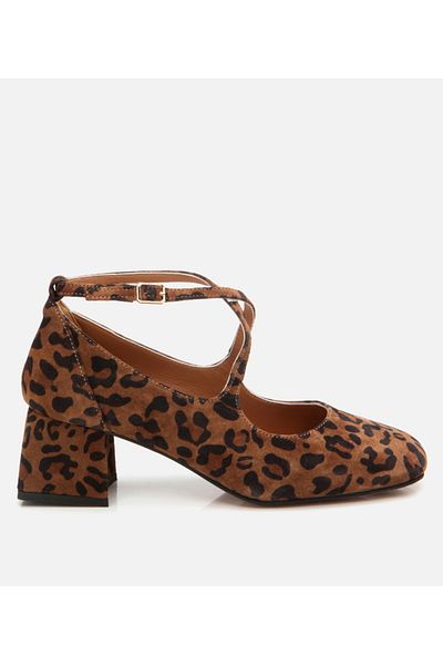 Hotiç Mary Jane, piele naturală, cu model leopard, T gros pentru femei