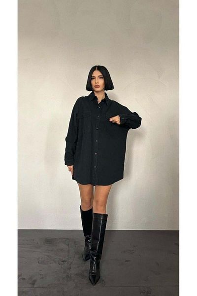 Moda Ebrar قميص أسود بجيب مزدوج وغطاء للإغلاق