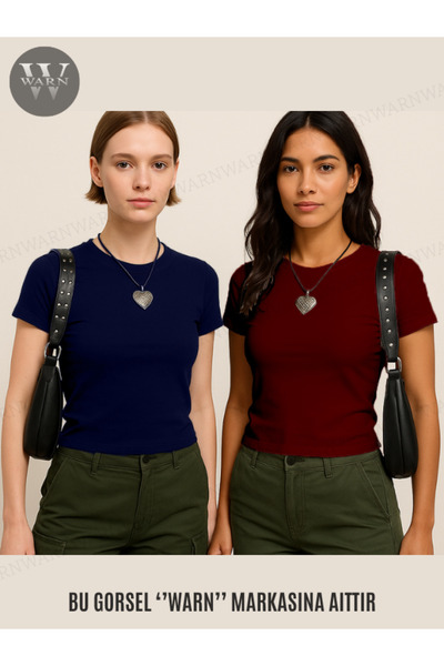 warn Kadın 2'li Lacivert-bordo Bisiklet Yaka Likralı Kısa Kol Body Crop T-shirt