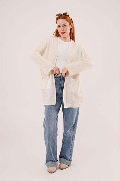 modamtn Loose Model Knitwear Long Cream Cardigan with Pockets