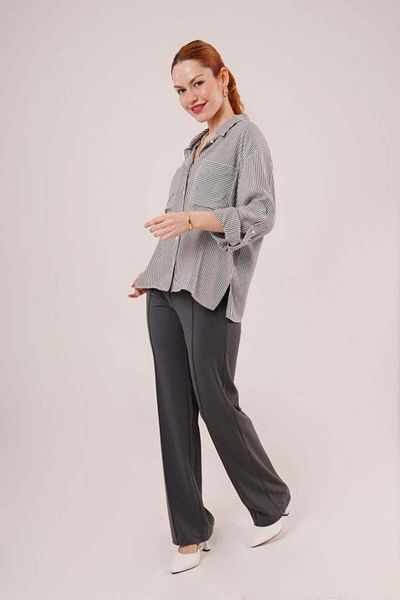 AhEs Shopping Bat Sleeve Striped Gray Shirt with Pocket Detail