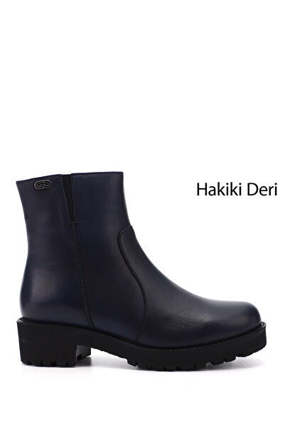 GÖNDERİ(R) Kadın / Kız Lacivert Antik Fermuarlı Kalın Topuklu Hakiki Deri Bot