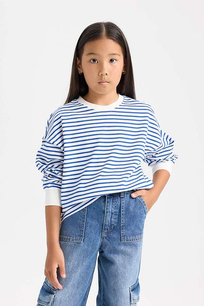 DeFacto Girl's Relax Fit Crew Neck Striped Sweatshirt D6503A8Ns