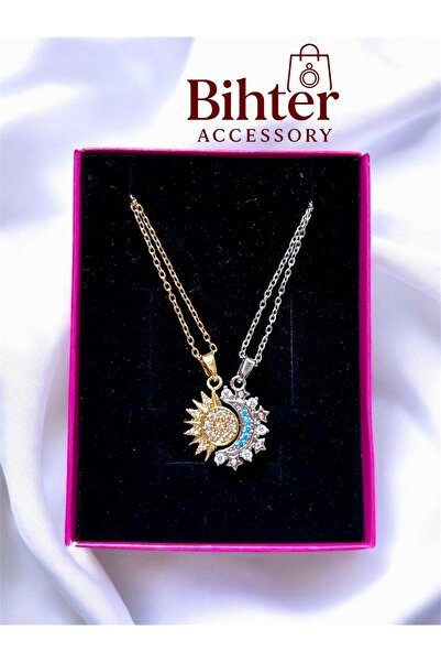 Bİ BONCUK 316L Çelik Ay & Güneş Tamamlanan Zirkon Taşlı Kolye – Çift Kolyesi,...