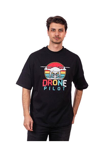 Dronmarket Siyah-Oversize Unisex Tişört-Drone Pilot Baskılı