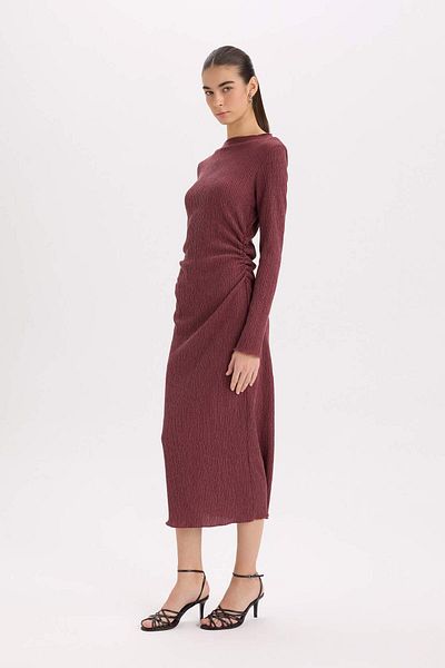 DeFacto Bordó Midi ruha - fél garbó, Bodycon Fit, hosszú ujjú, ráncos D8643AX24AU