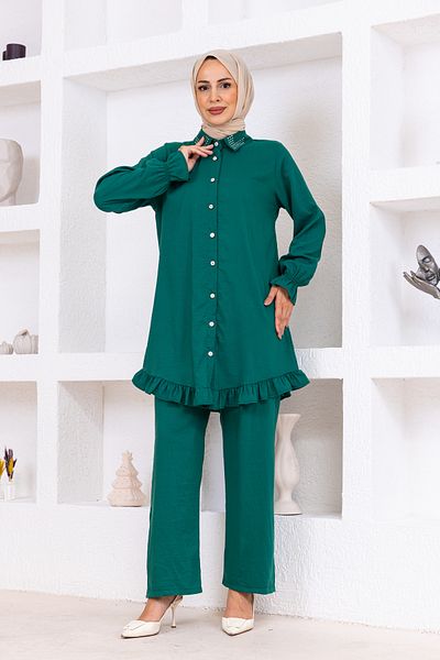 OKTAYUSTA COLLECTİON Set de îmbrăcăminte din bumbac modal cu detaliu de piatră, verde smarald