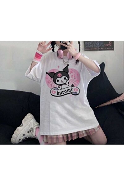 Harajuku Style شخصية كورومي اليابانية البيضاء المطبوعة ذات مقاس كبير ومريح