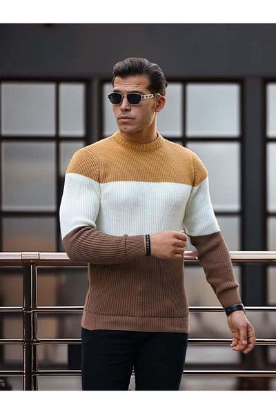 Valiberta Beige Crew Neck Men's Sweater - Piece Patterned