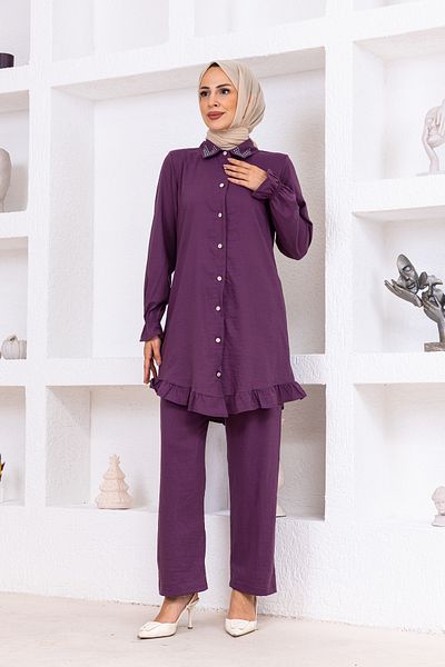 OKTAYUSTA COLLECTİON Set de îmbrăcăminte din bumbac modal cu detaliu de piatră, liliac