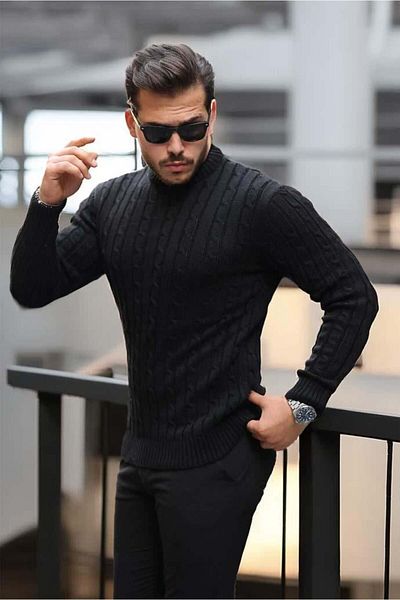 Valiberta Hair Braided Crew Neck Men's Knitwear Sweater - Black