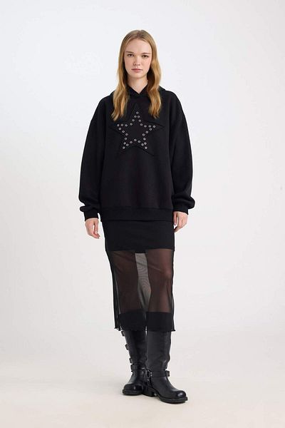 DeFacto Hanorac negru, cu model lat, oversize, cu stea, D8024AX24WN
