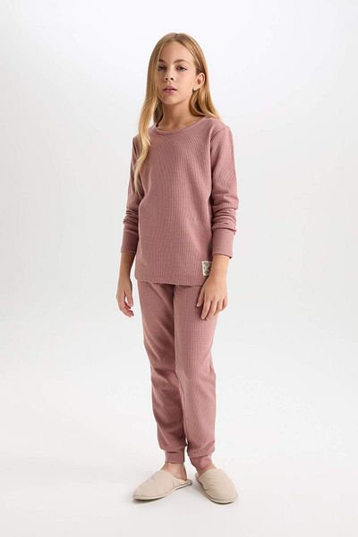 DeFacto Girls' Pajamas Suit Woven Label Waffle Long Sleeve Top with Elastic Waist Long Bottom D6054A824Au
