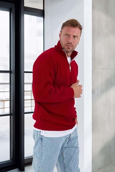 Valiberta Oversize Thessaloniki Knitted Half Zipper Men's Knitwear Sweater - Red