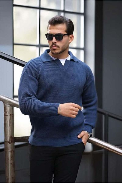 Valiberta Oversize Shirt Polo Neck Thessaloniki Braided Men's Knitwear Sweater - Indigo