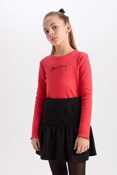 DeFacto Mädchen 2P Anzug Rundhalsausschnitt Atatürk bestickt rot gerippt Langarm T-Shirt Schleife Schnalle D4188