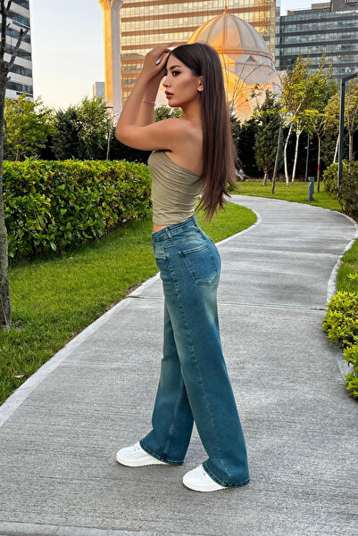 BİKELİFE Women's High Waist Stretchy Faded Effect Vintage Wide Leg Wide Leg Casual Jean