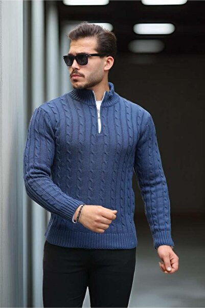 Valiberta Bardem Saç Örgülü Yarım Fermuar Erkek Triko Kazak - İndigo