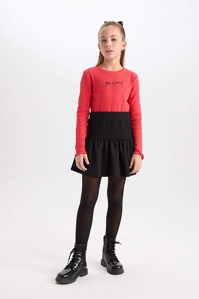 DeFacto Mädchen 2P Anzug Rundhalsausschnitt Atatürk bestickt rot gerippt Langarm T-Shirt Schleife Schnalle D4188
