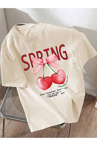 Harajuku Style Μπεζ Χρώμα Heart Cherry με στάμπα Oversize Άνετη Εφαρμογή Λαιμ...